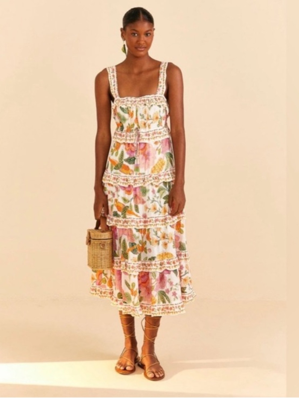 FARM Rio Macaw Bloom Tiered Maxi Dress - White with Pink & Yellow Bloom Sz S - Picture 3 of 12